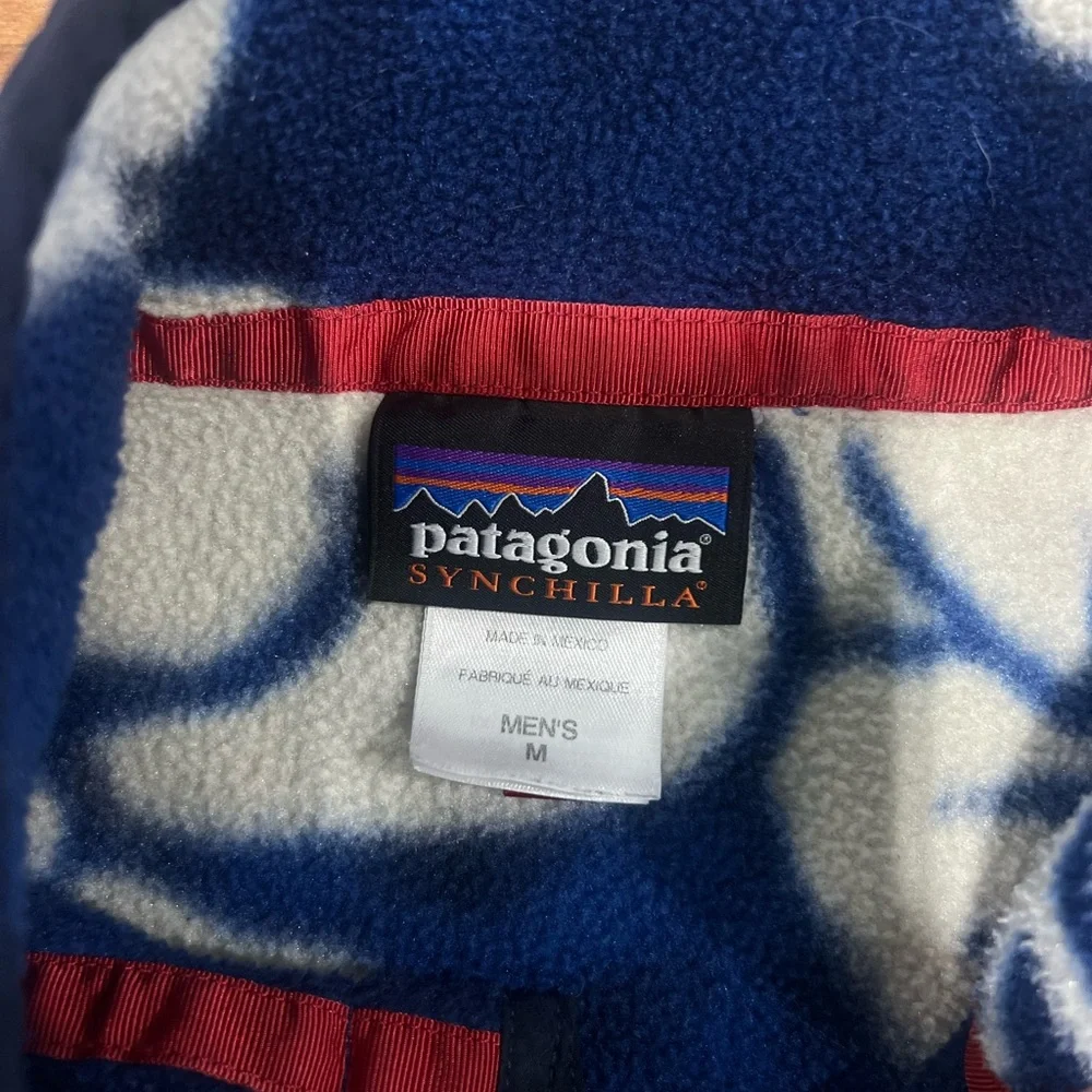 Patagonia Blue & White Floral Synchilla Fleece with Red Trim